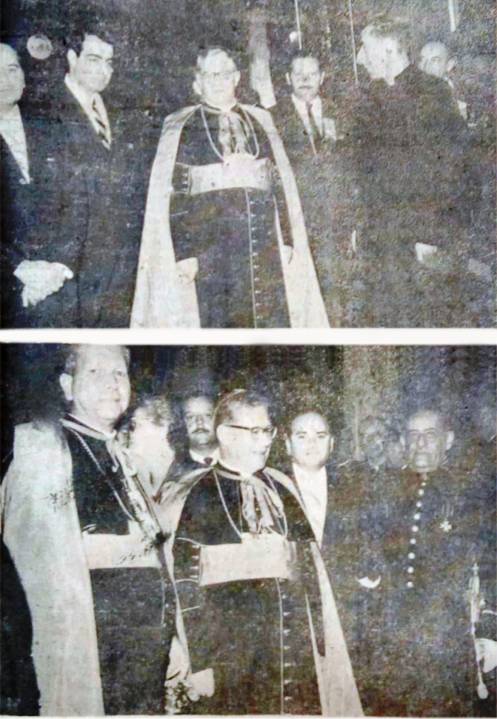 En la composición gráfica — arriba — aparecen los miembros de la Junta Pro-Construcción del Templo Reliquia de la Santa Cruz, Presbítero Eliseo Alonso García y los señores Luis Aguirre, José Antonio Saldivia y Roberto Chacín Sánchez, apareciendo en el centro Su Eminencia el Cardenal Quintero, abajo, aparece también junto a Su Eminencia el Cardenal Quintero, el Obispo de Barquisimeto, Monseñor Críspulo Benítez Fontúrvel, el señor Luis Aguirre y Roberto Chacín Sánchez.